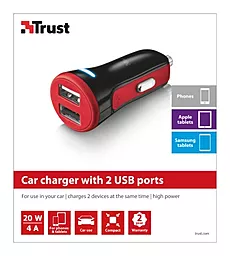 Автомобильное зарядное устройство Trust 2USB 20W Car Charger 4A Red - миниатюра 5