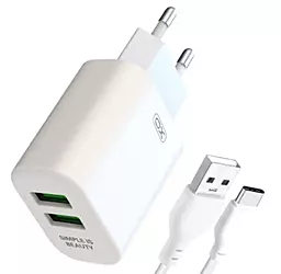 Мережевий зарядний пристрій XO L85C 12W 2.4A 2xUSB-A + USB Type-C Cable White