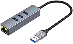 Мультипортовый USB-A хаб Hoco HB34 USB to 3xUSB 3.0 + RJ45 1000Mbps Black - миниатюра 4