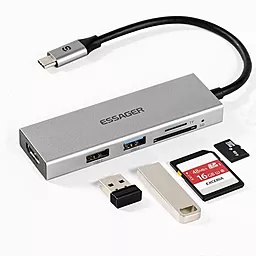 Мультипортовый USB Type-C хаб Essager Fanghe 5-in-1 gray (EHBC05-FH0G-P) - миниатюра 2