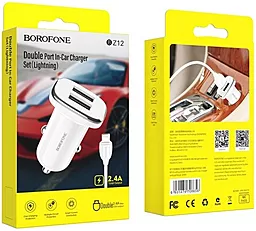 Автомобильное зарядное устройство Borofone BZ12 Lasting Power 2USB 2.4A + Lightning Cable White - миниатюра 4