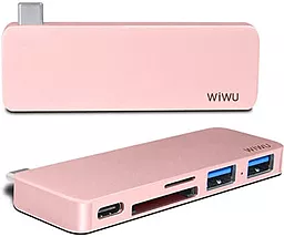 Мультипортовый USB Type-C хаб WIWU USB-C -> Type Dock T6 SD 2xUSB3.0/Card Reader/USB-C Charge Rose Gold