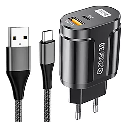 Мережевий зарядний пристрій Powermax Duo Basic 20W PD/QC U+C + USB-C cable Black