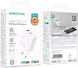 Сетевое зарядное устройство Borofone BA75A Powerful 30W 3.4A PD+QC3.0 + USB-C-C Cable White - миниатюра 7