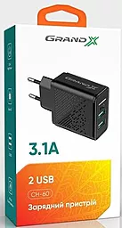 Сетевое зарядное устройство с быстрой зарядкой Grand-X 15.5w QC3.0 2xUSB-A ports home charger black (CH-60) - миниатюра 5