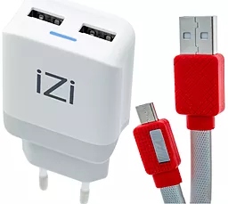 Сетевое зарядное устройство iZi MW-12 + MD-12 2.4a 2xUSB-A ports home charger + micro USB cable white