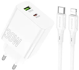 Мережевий зарядний пристрій Borofone BA75A Powerful 30W 3.4A PD+QC3.0 + USB-C- Lightning Cable White
