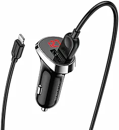 Автомобильное зарядное устройство Borofone BZ15 Auspicious Dual Port Digital Display 2.4A 2USB + Lightning Cable Black - миниатюра 3