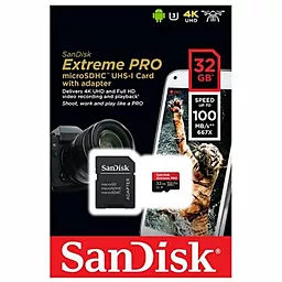 Карта памяти SanDisk microSDHC 32GB Extreme Pro Class 10 UHS-I U3 V30 + SD-адаптер (SDSQXCG-032G-GN6MA) - миниатюра 3