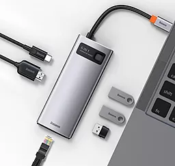 Мультипортовый USB Type-C хаб (концентратор) Baseus Metal Gleam Series 6-in-1 Multifunctional Type-C Hub 100W Grey (CAHUB-CW0G) - миниатюра 3