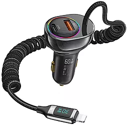 Автомобильное зарядное устройство Usams C37 60W PD30W/QC USB-A-C + Lightning Cable Black (US-CC193) - миниатюра 4