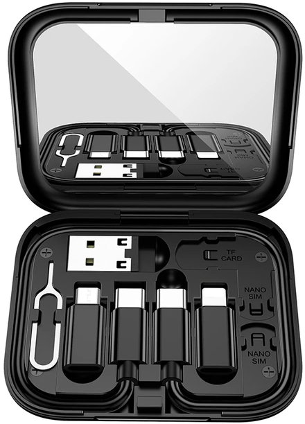 USB PD Кабель Hoco U114 Treasure 3-in-1 USB micro USB/Type-C/Lightning Cable + Storage Case with Mirror Black / зображення №3