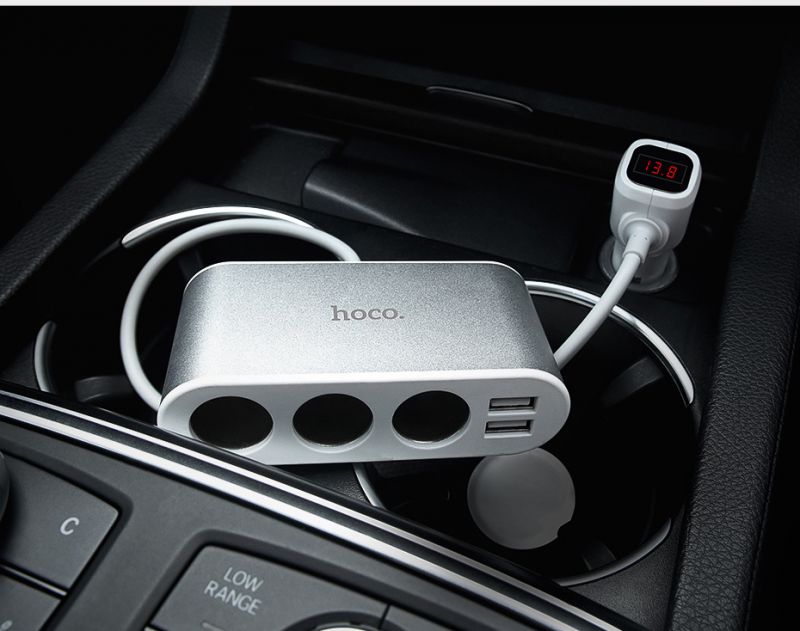 Автомобильное зарядное устройство с разветвителем прикуривателя Hoco Z13 Car Charger 2USB 3 Cigarette Lighter Ports Silver / изоборажение №2