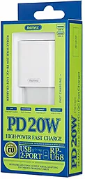 Сетевое зарядное устройство с быстрой зарядкой Remax Surie Fast Charger PD/QC 20W USB-A+C White (RP-U68) - миниатюра 2