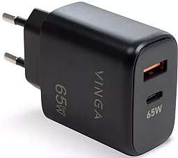 Мережевий зарядний пристрій Vinga 65W GaN PD/QC USB-C/USB-A ports fast charger black (VCPCHCA65B)