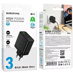 Сетевое зарядное устройство Borofone BN12 Manager 65w PD 2xUSB-C/USB-A ports fast charger black - миниатюра 4