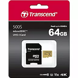 Карта пам'яті Transcend microSDXC 64GB 500S Class 10 UHS-I U3 V30 + SD-адаптер (TS64GUSD500S)