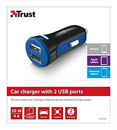 Автомобильное зарядное устройство Trust 2USB 20W Car Charger 4A Blue - миниатюра 5