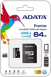 Карта памяти ADATA microSDXC 64GB Premier Class 10 UHS-I U1 (AUSDX64GUICL10-RA1) - миниатюра 2