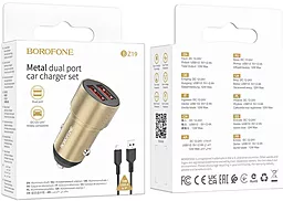 Автомобильное зарядное устройство Borofone BZ19 Wisdom 12W 2.4A 2xUSB-A + Lightning Cable Gold - миниатюра 4