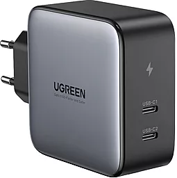 Мережевий зарядний пристрій Ugreen CD254 GaN 2xUSB-C 100W PD+QC3.0 Black