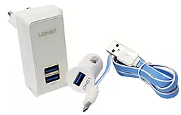 Сетевое, Автомобильное зарядное устройство LDNio Home & Car Charger Kit + micro USB White (S100)