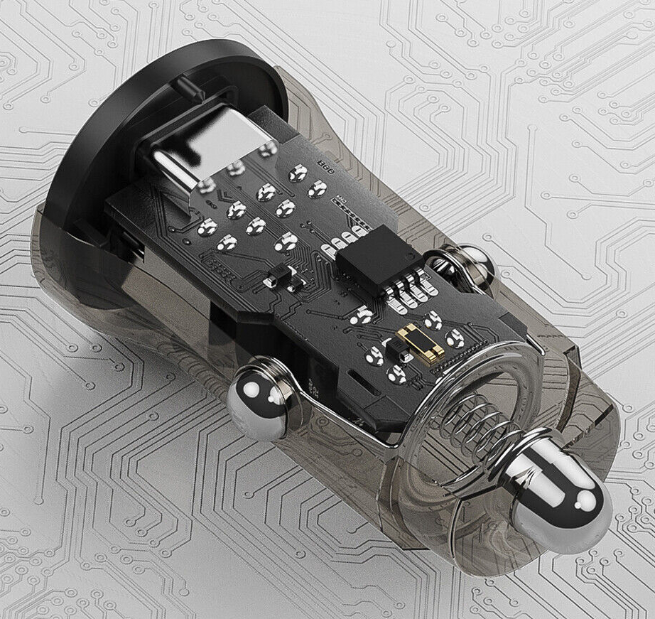 Автомобильное зарядное устройство с поддержкой быстрой зарядки Powermax Transparent 48W Type-C Car Fast Charger Black / изоборажение №1